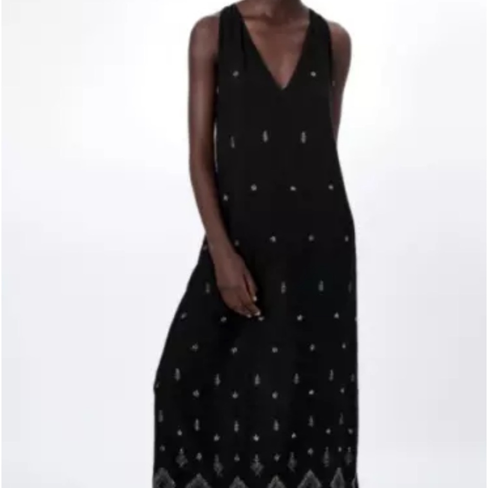 ZARA Beaded Black Sleeveless Limited Edition Midi Maxi Dress Size Large